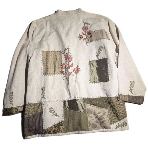 Vtg 1990s Timbuktu Station Ivory Beige Patchwork Button Up Collarless Jacket L - Picture 2 of 3